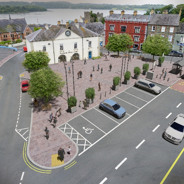 The main street of Portaferry, featuring colourful traditional buildings, local shops, and street furniture, conveying the welcoming atmosphere of the town centre in County Down, Northern Ireland.