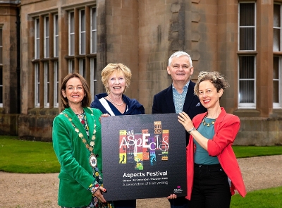 The Mayor of Ards and North Down, Councillor Gillian McCollum; former MP Lady Hermon; author Stephen Walker; and pianist Xenia Pestova Bennett at the launch of the Aspects Festival 2025 programme.