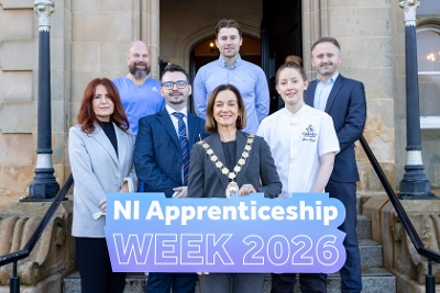Ards and North Down Mayor Councillor Gillian McCollum with representatives and NI Apprentice Award 2026 Finalists. Top L-R Chris Ferguson, Dunluce Healthcare, Matthew McSorley, Department for Economy, David Gore, SERC, Annette Martin, Dunluce Healthcare, 