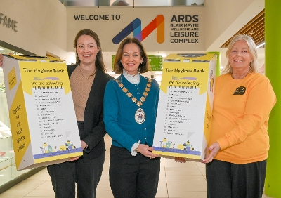 Mayor of Ards and North Down, Councillor Gillian McCollum alongside (L-R), Councillor Rachel Ashe and Jean McGrogan, Hygiene Bank Ards and North Down Project.