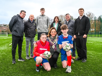 Mayor of Ards and North Down, Councillor Gillian McCollum with Inda-Elizabeth Cox and Curtis Billing, Ards FC and top L-R, Colin McIlwaine - Sport Changes Life, Austin Kelly - Clanmil Housing, Jack Spellman - Sport Changes Life, Karen Hicks – Ark Housing,