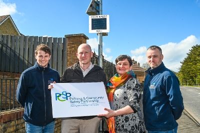 Pictured with the SID are Stephen McDowell - Community Safety Team, Pete Wray - PCSP Chair, Deborah Marcus - PCSP Vice Chair and Thomas Jackson - Community Safety Team.