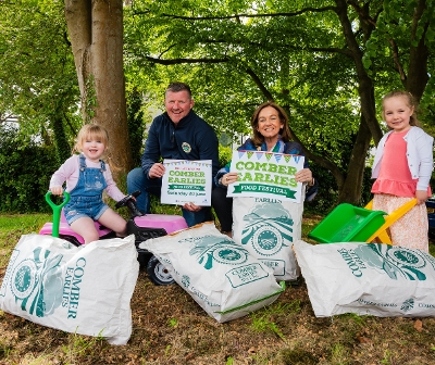 Mayor of Ards and North Down, Councillor Gillian McCollum, Richard Orr, Chairman of Comber Earlies Growers' Cooperative, Luna and Lily are all looking forward to Comber Earlies Food Festival, 20 June, 11am – 5pm.