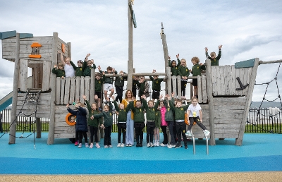 Pupils from St Patrick’s Primary School, Holywood, join the Mayor of Ards and North Down, Councillor Gillian McCollum at the new facilities in Seapark, Holywood.