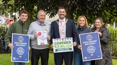 The Mayor of Ards and North Down, Councillor Craig Blaney, with a selection of local business participants, who are involved in the Comber Earlies Festival Passport, Saturday 20 June 2026, 11am – 5pm.