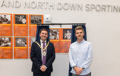 The Mayor of Ards and North Down, Councillor Craig Blaney, with Sporting Wall of Fame inductee Martyn Irvine.