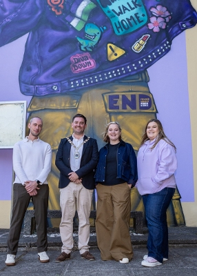 Mayor of Ards and North Down, Councillor Craig Blaney, Ryan Somerville, Ending Violence Against Women and Girls Directorate - the Executive Office, Artist - Friz, and Caroline Hill, North Down YMCA.