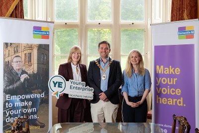 Mayor of Ards and North Down, Councillor Craig Blaney alongside L-R, Jan Donaldson - Young Enterprise NI and Jane Gillow - Dementia NI.  Photo - Ricky Parker Photography.