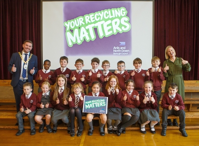 Pupils from Clandeboye Primary School joined the Mayor of Ards and North Down, Councillor Craig Blaney, to launch the new Your Recycling Matters campaign